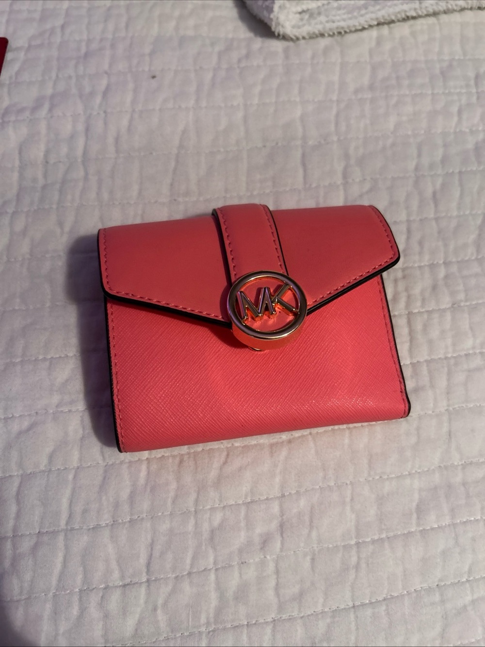 Michael Kors Coral Pink Saffiano Leather Compact Wallet with MK Logo